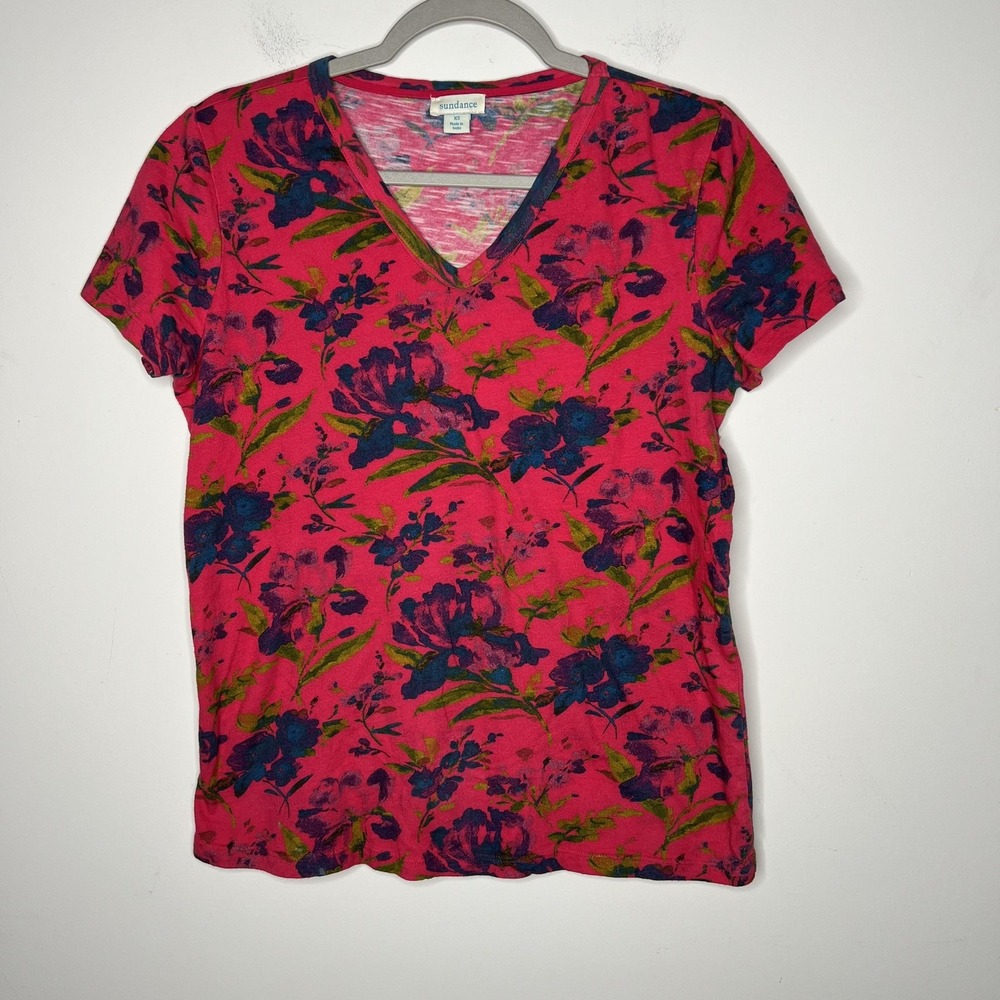 Sundance Shirt Womens XS Pink Floral V Neck Short Sleeve Cotton Tee Top Bright